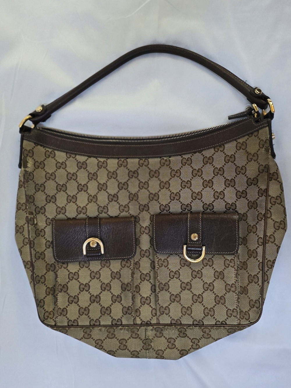Gucci GG Monogram Canvas Double Pocket Hobo Bag Brown Leather Italy